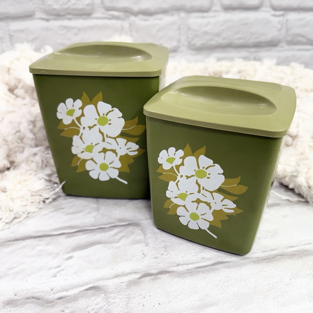 Vtg MCM Avocado Green Floral Plastic Nesting Canisters 2 Containers With Lids